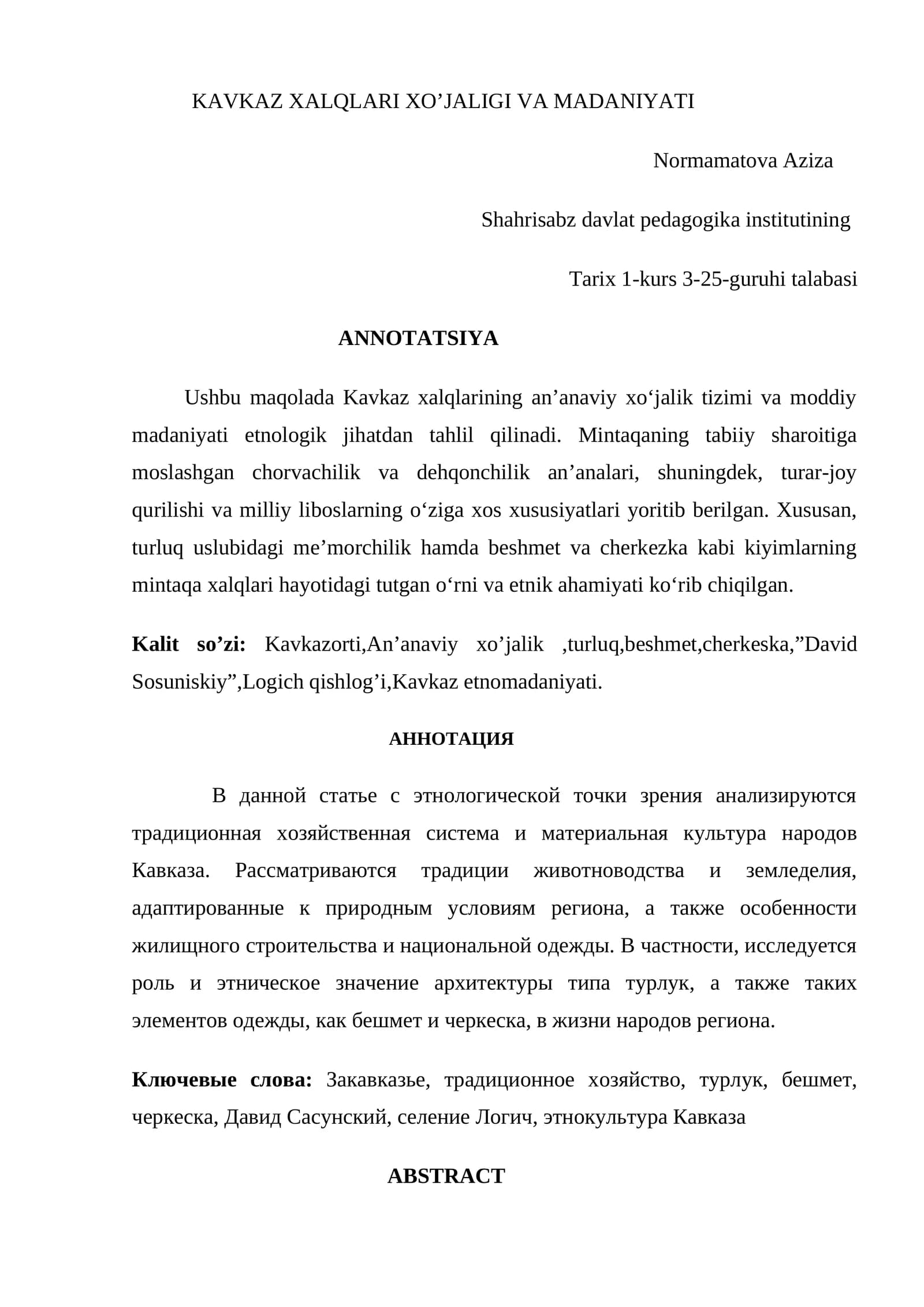 KAVKAZ XALQLARI XO’JALIGI VA MADANIYATI