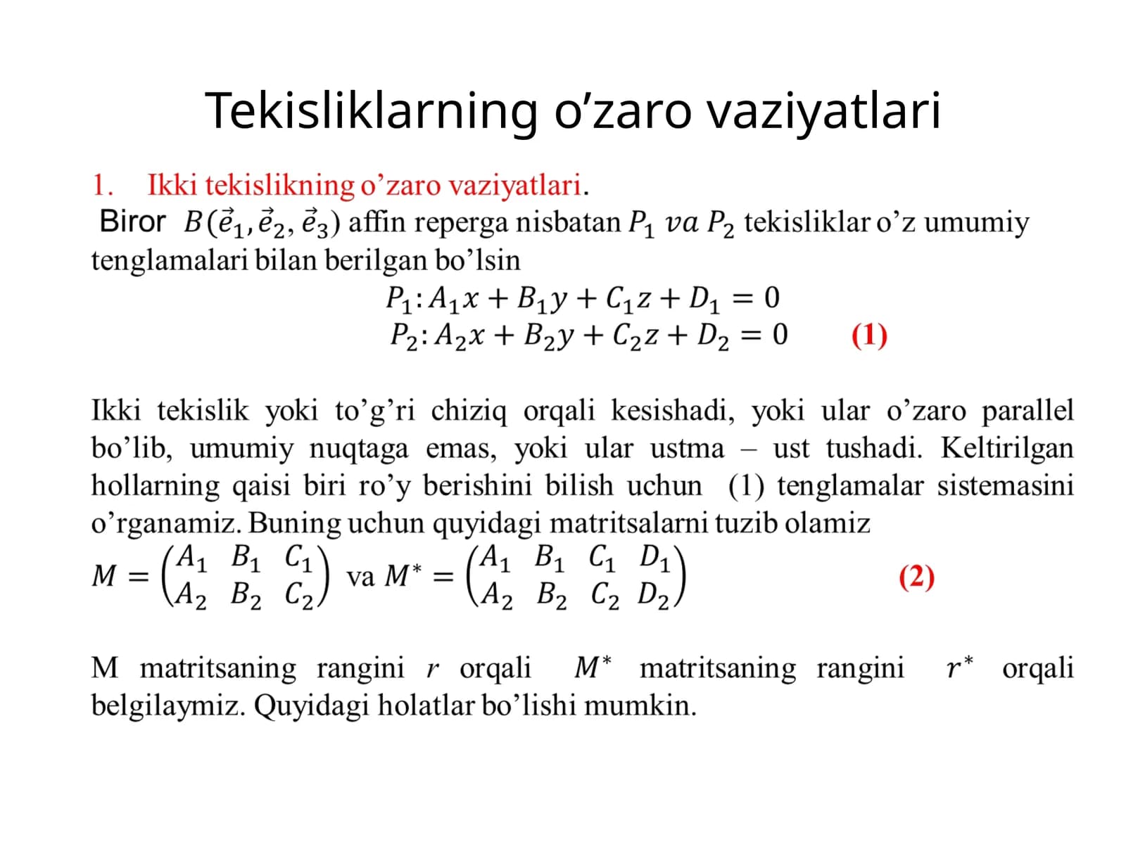 Tekisliklarning o’zarovaziyatlari