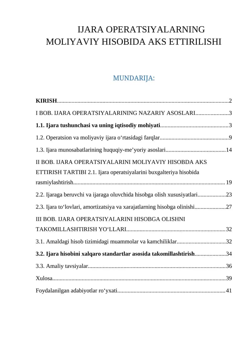 IJARA OPERATSIYALARNING MOLIYAVIY HISOBIDA AKS ETTIRILISHI