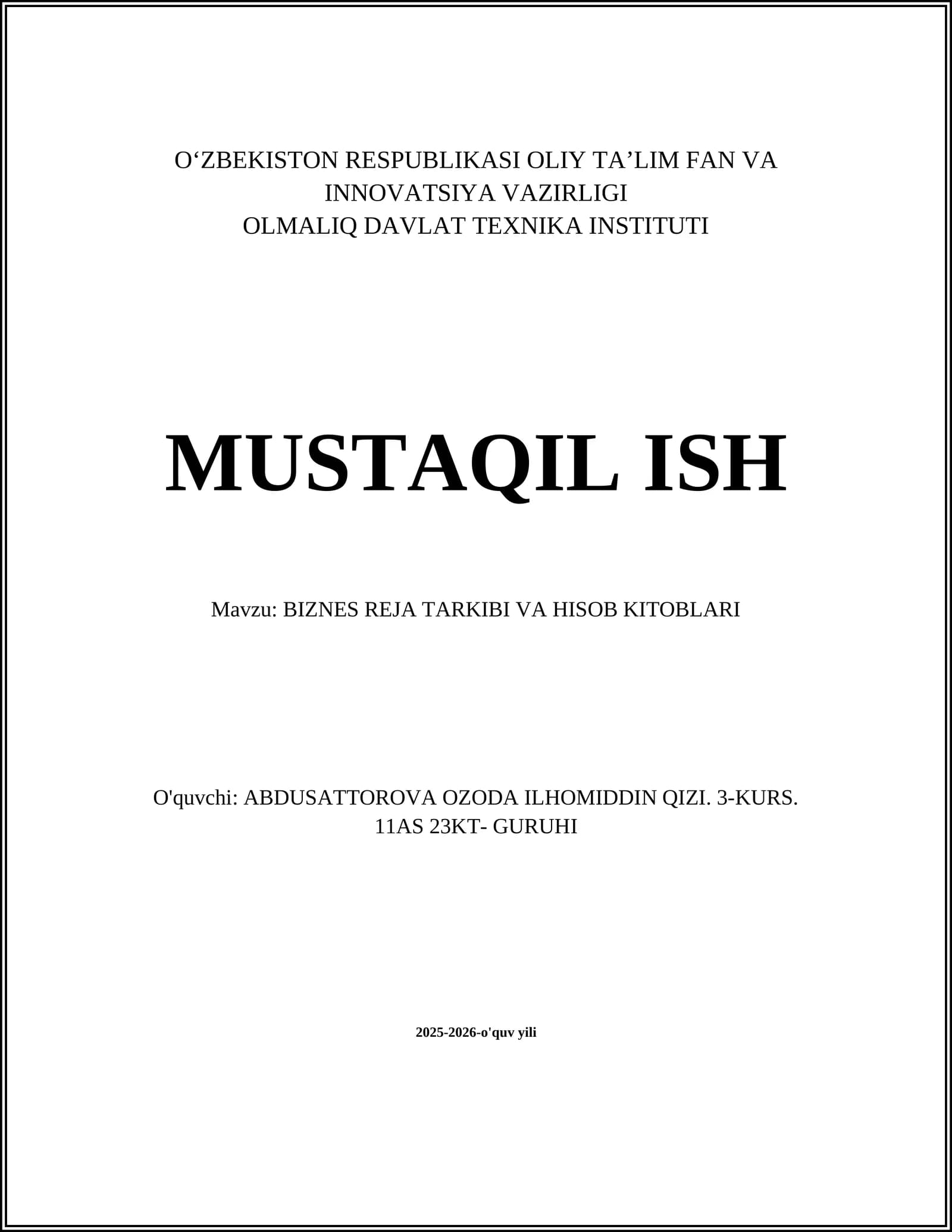 BIZNES REJA TARKIBI VA HISOB KITOBLARI