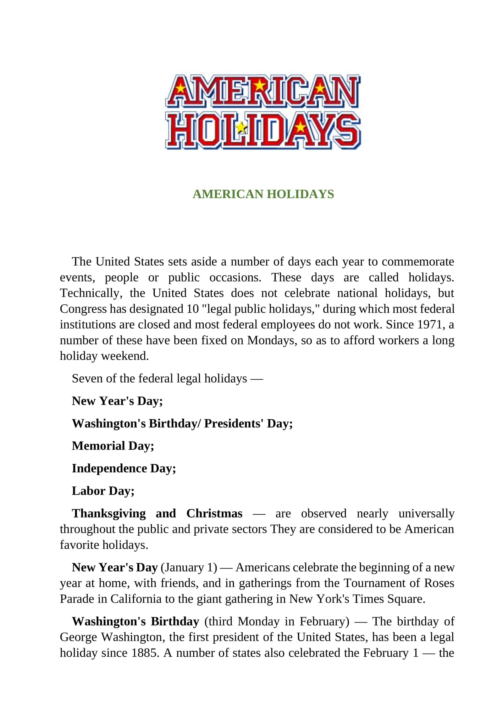 AMERICAN HOLIDAYS