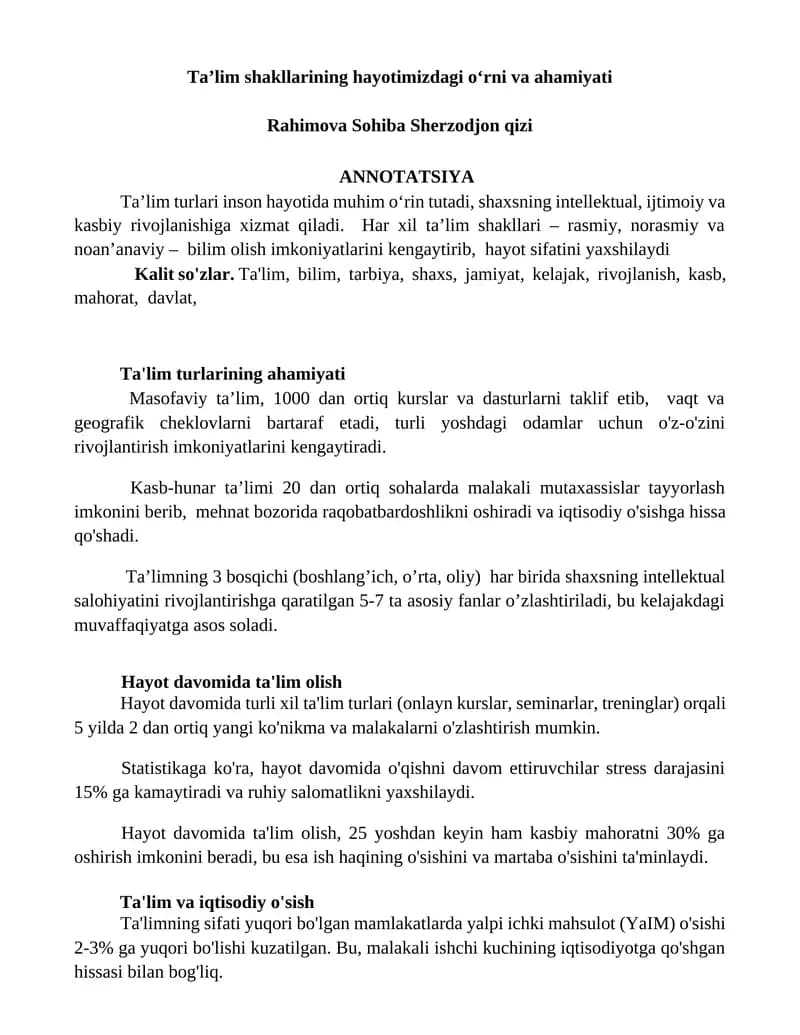 Ta’lim shakllarining hayotimizdagi o‘rni va ahamiyati