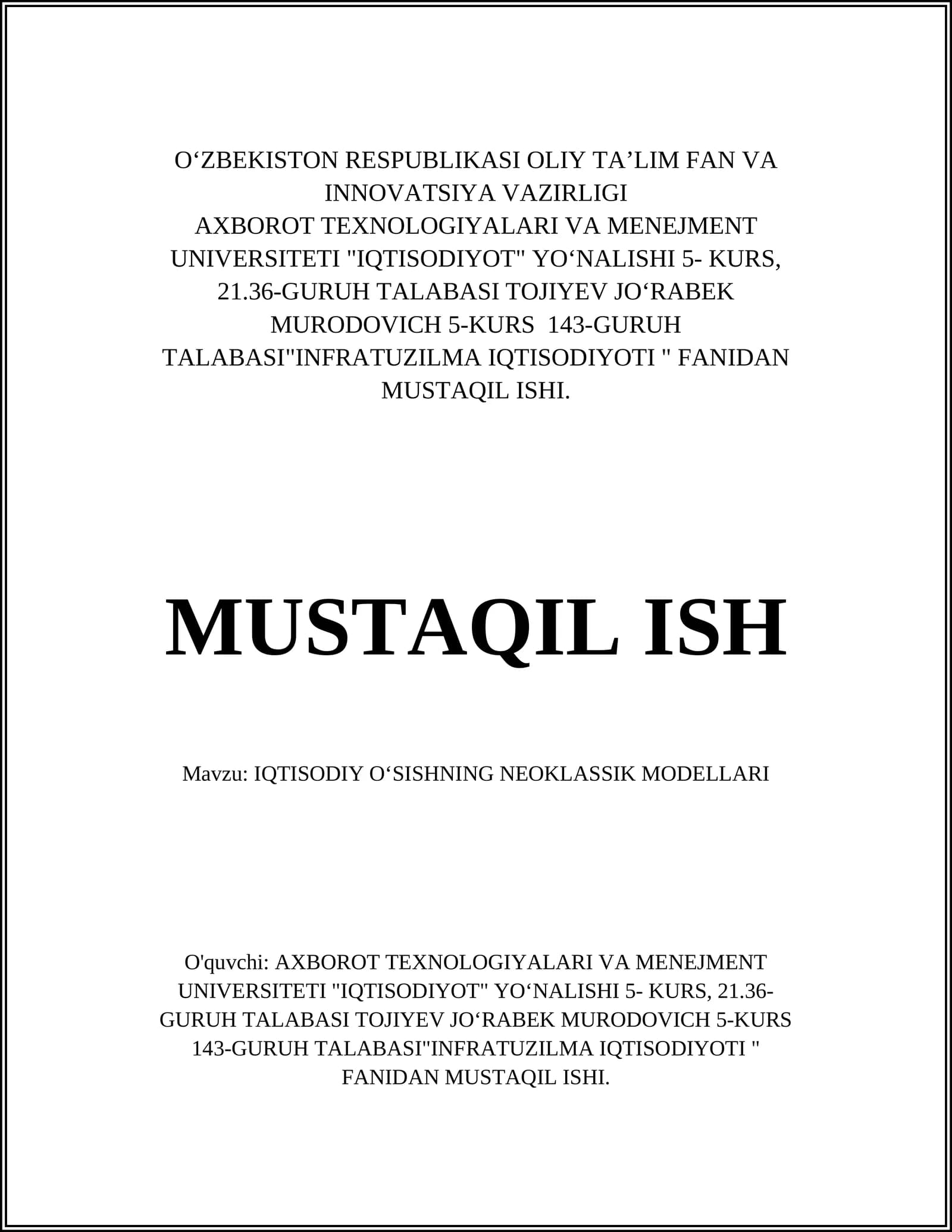 IQTISODIY OʻSISHNING NEOKLASSIK MODELLARI