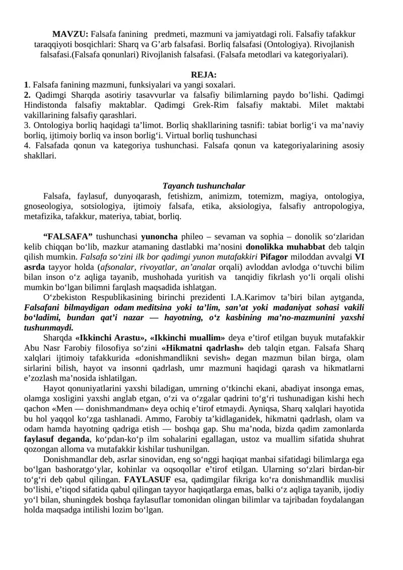 Falsafa Fanining Predmeti va Roli
