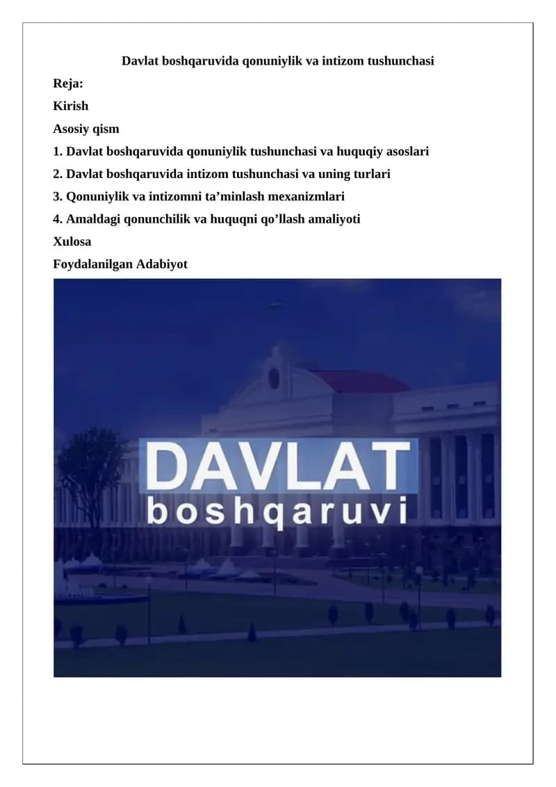 Davlat boshqaruvida qonuniylik va intizom tushunchasi
