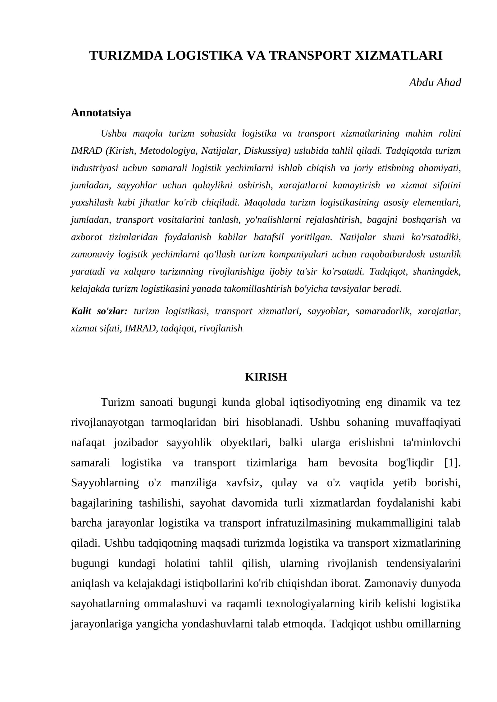 TURIZMDA LOGISTIKA VA TRANSPORT XIZMATLARI