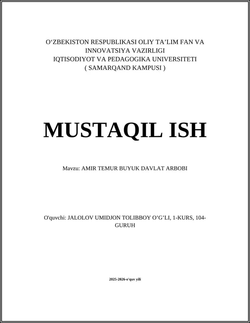 AMIR TEMUR BUYUK DAVLAT ARBOBI
