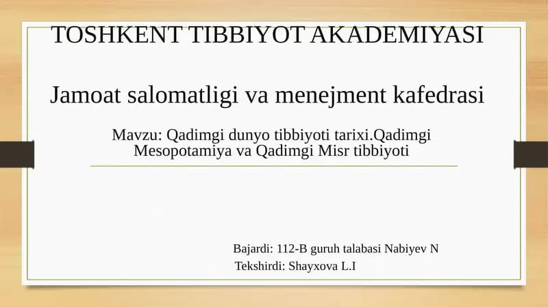 TOSHKENT TIBBIYOT AKADEMIYASI Jamoatsalomatligi va menejment kafedrasi