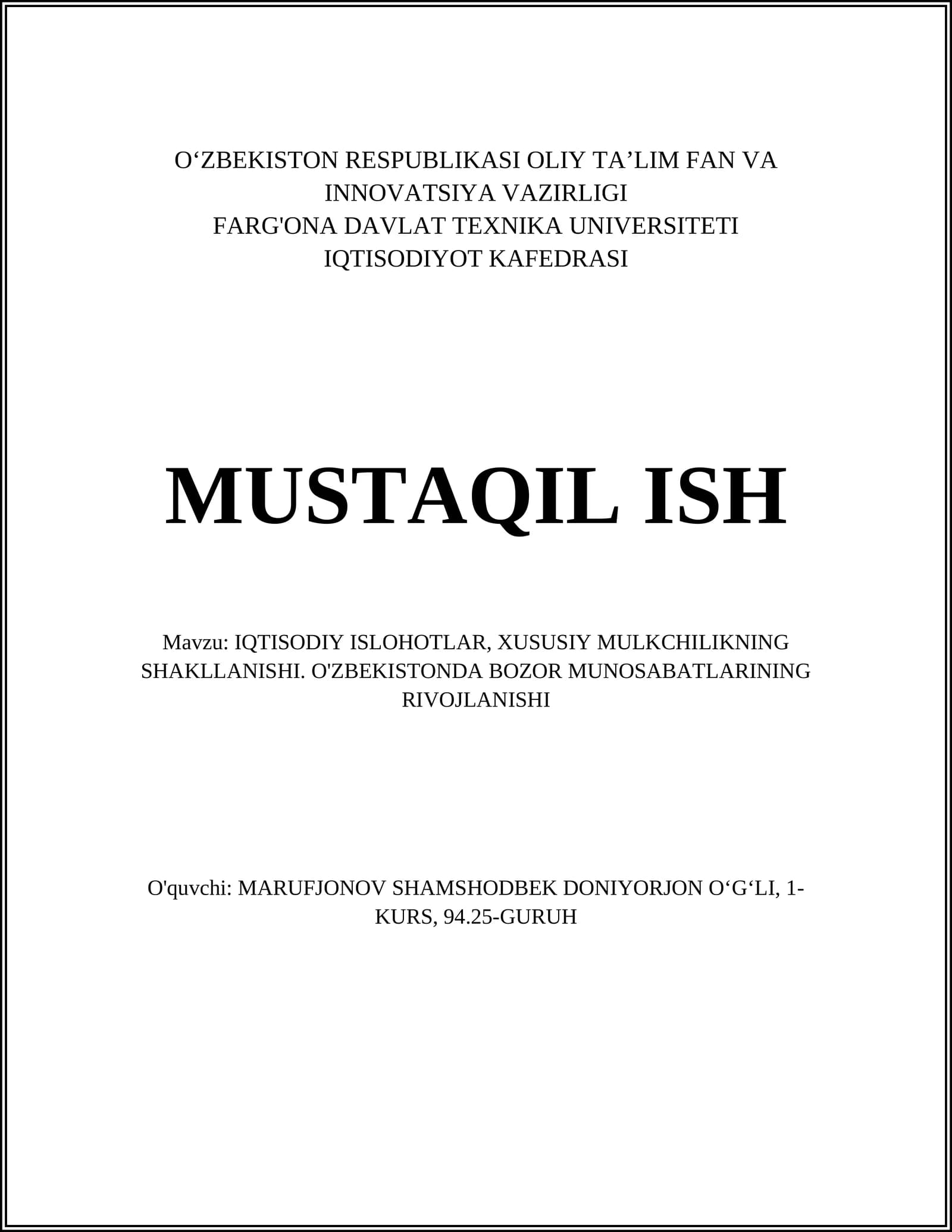 IQTISODIY ISLOHOTLAR, XUSUSIY MULKCHILIKNING SHAKLLANISHI