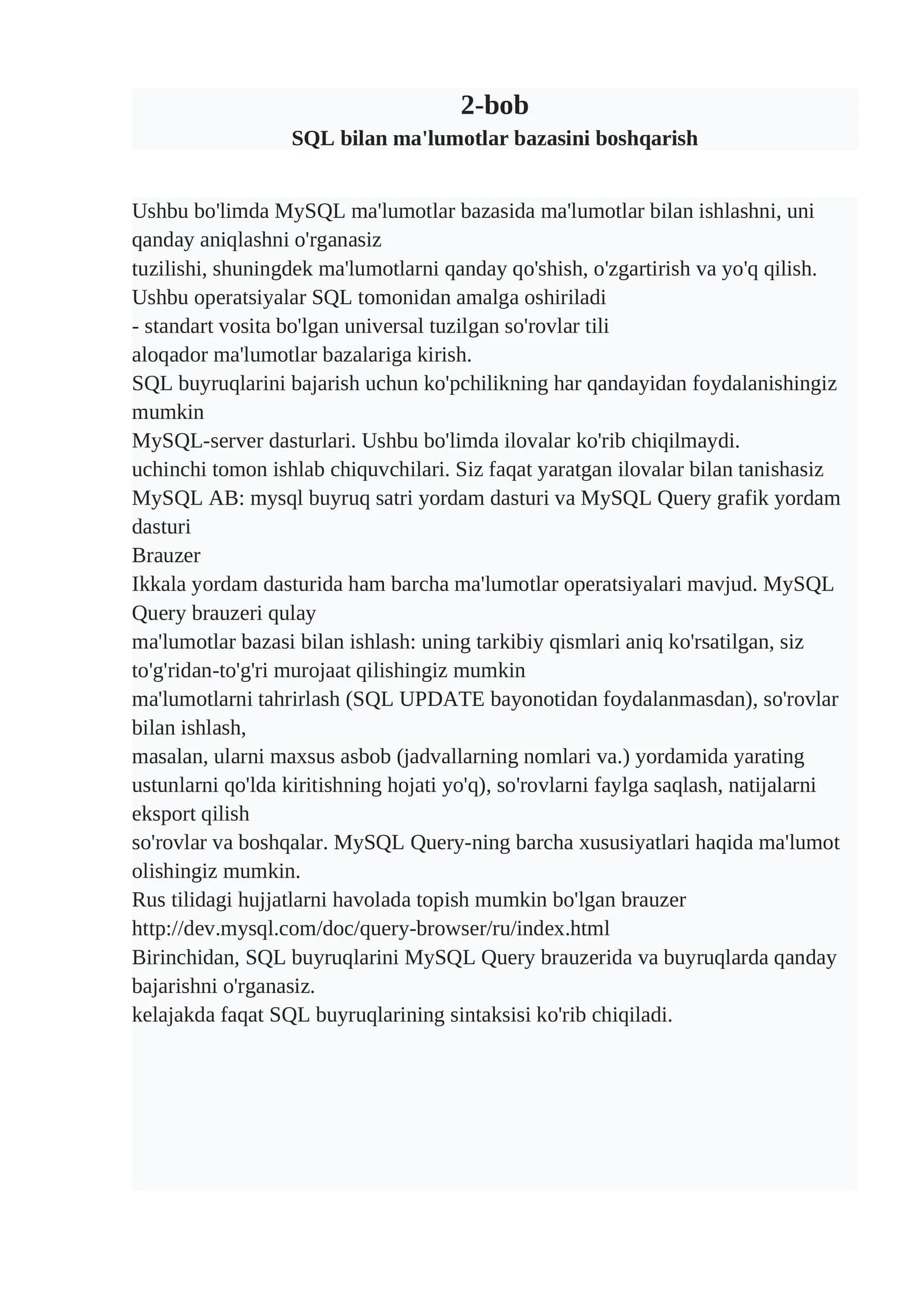 SQL bilan ma'lumotlar bazasini boshqarish
