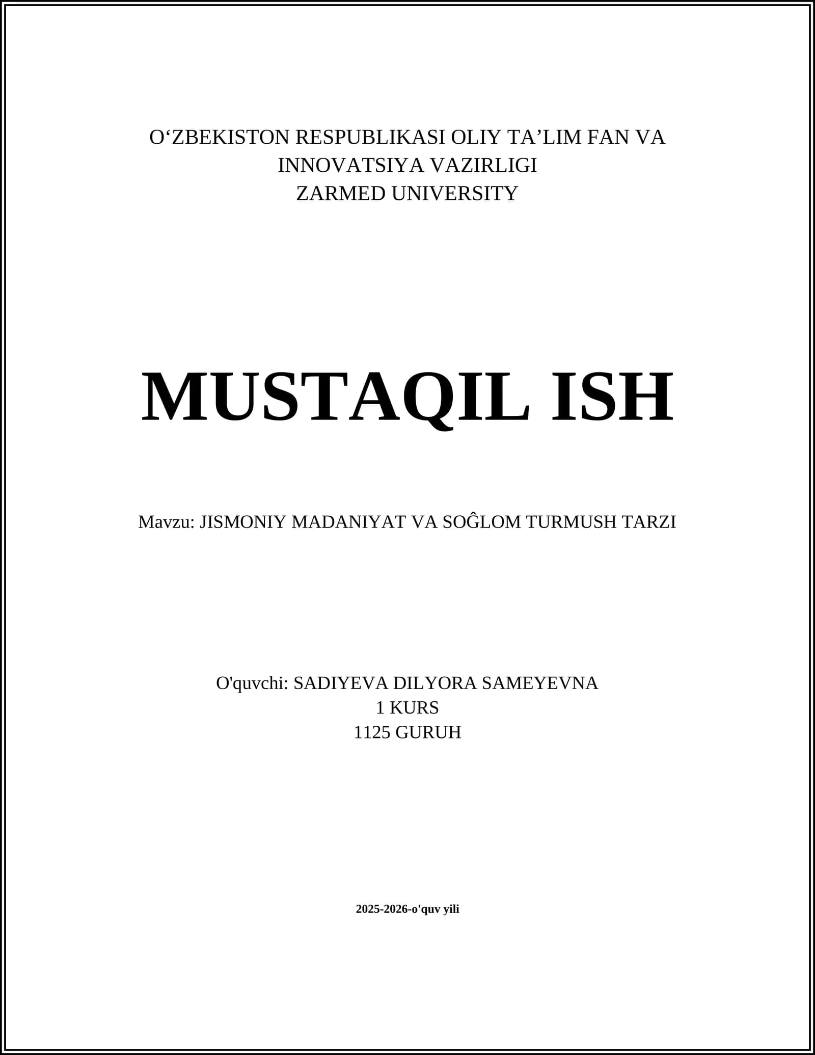 JISMONIY MADANIYAT VA SOĜLOM TURMUSH TARZI
