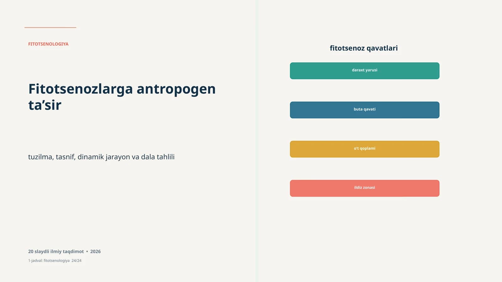 FITOTSENOLOGIYA Study of the structure, classification, dynamic processes, and data analysis in fitocenosis. Includes a scientific presentation with 20 slides