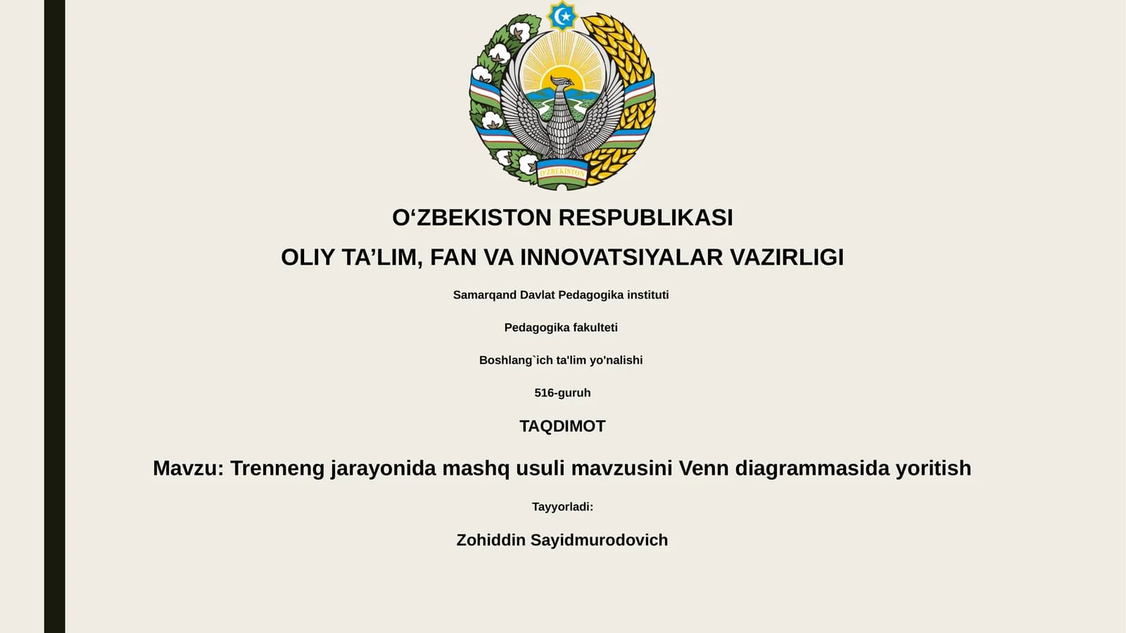 Trenneng jarayonida mashq usuli mavzusini Venn diagrammasida yoritish