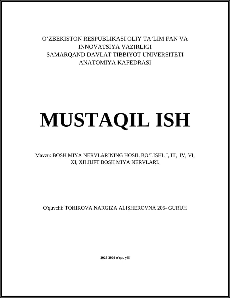 BOSH MIYA NERVLARINING HOSIL BO‘LISHI