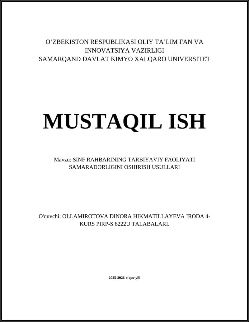 Sinf Rahbarining Tarbiyaviy Faoliyati