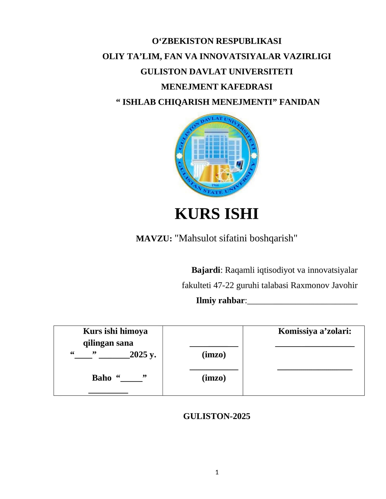 Mahsulot sifatini boshqarish
