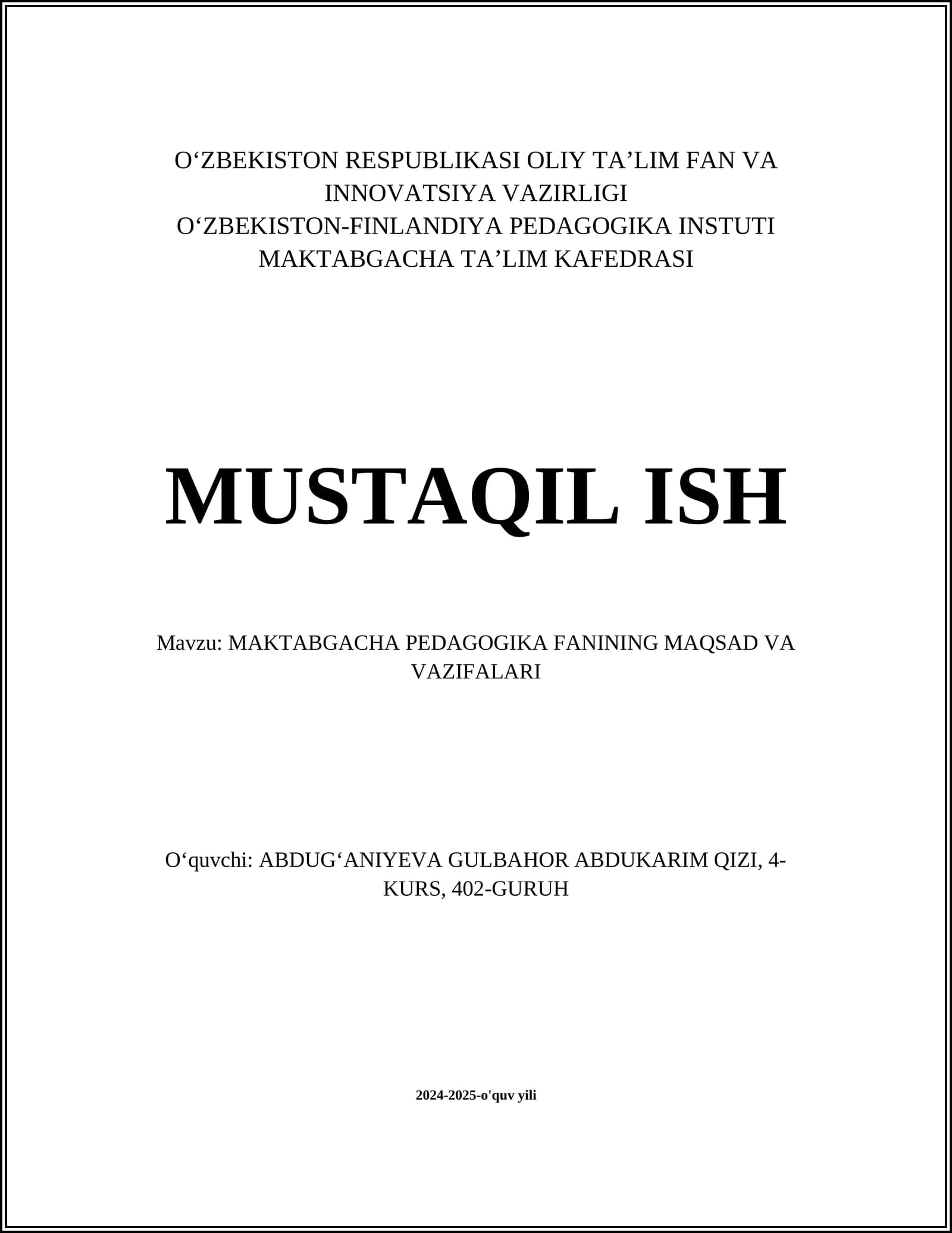 MAKTABGACHA PEDAGOGIKA FANINING MAQSAD VA VAZIFALARI
