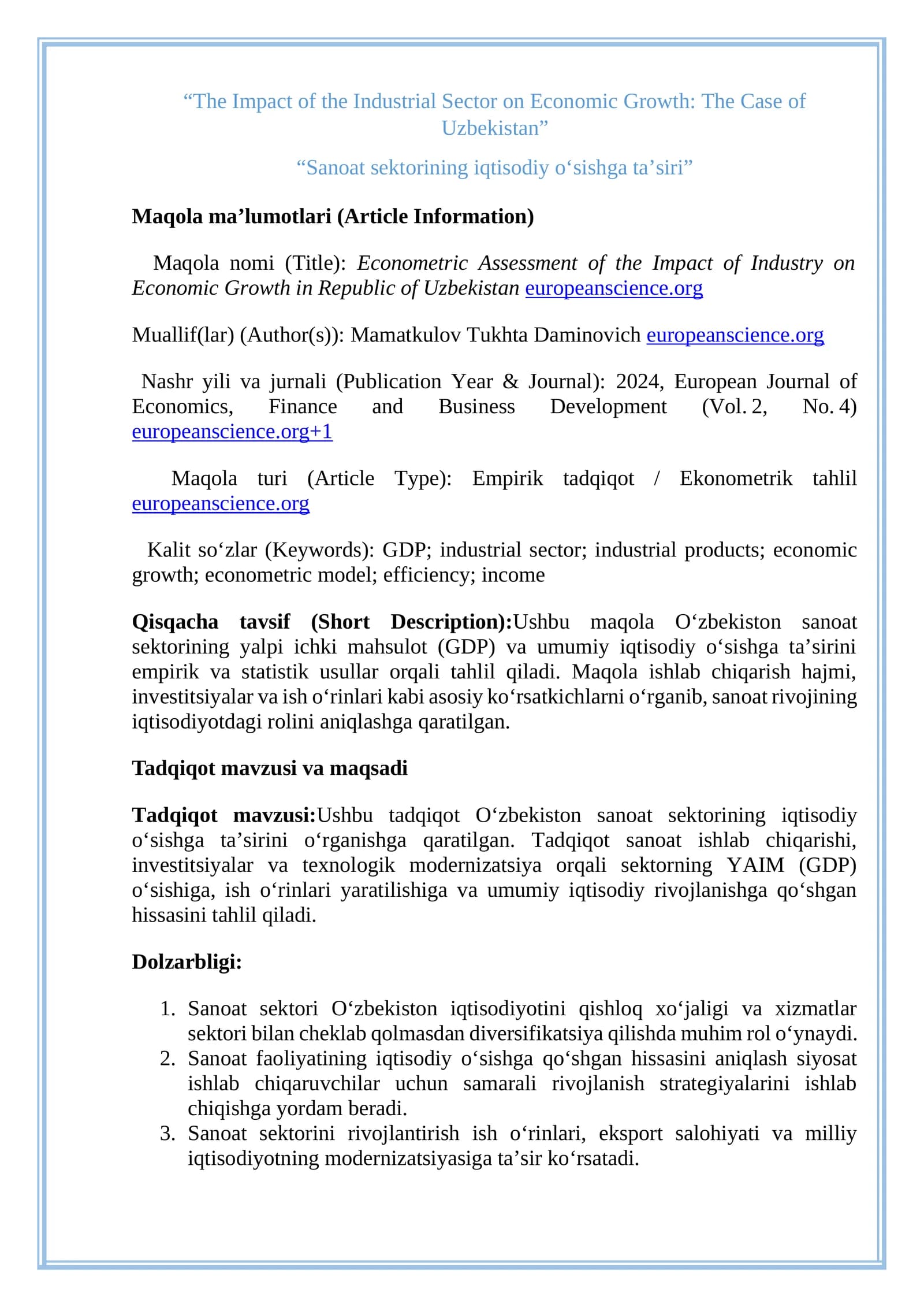 Sanoat sektorining iqtisodiy o‘sishga ta’siri