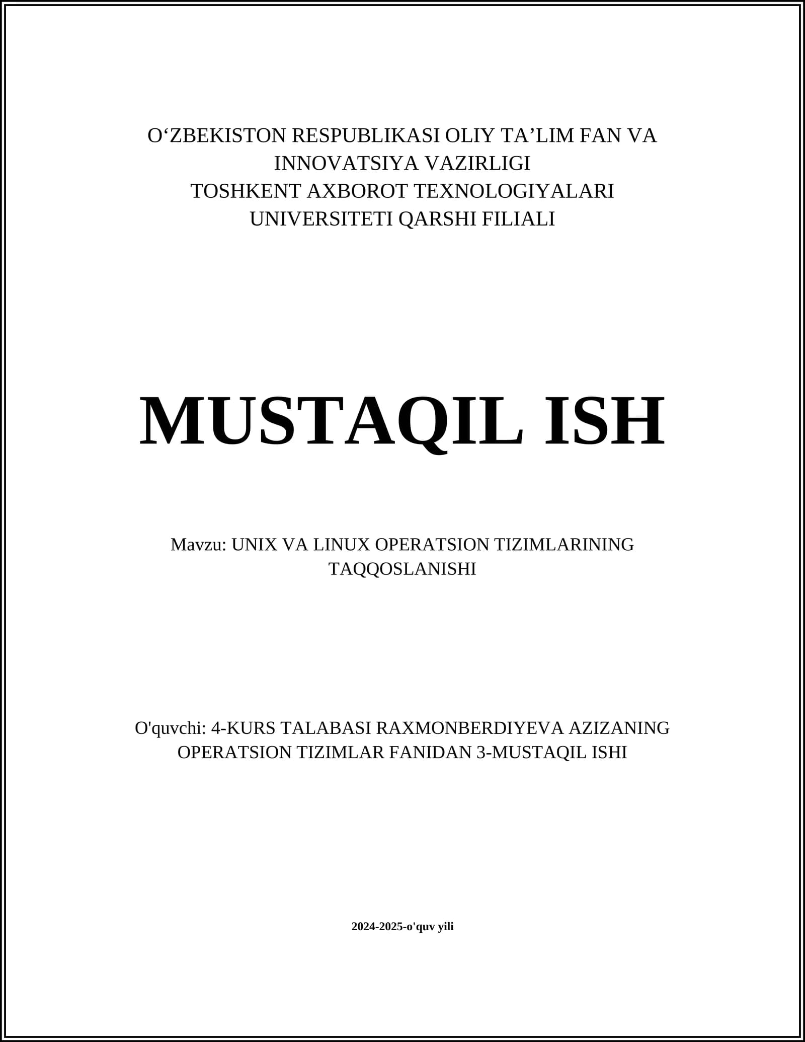 UNIX VA LINUX OPERATSION TIZIMLARINING TAQQOSLANISHI