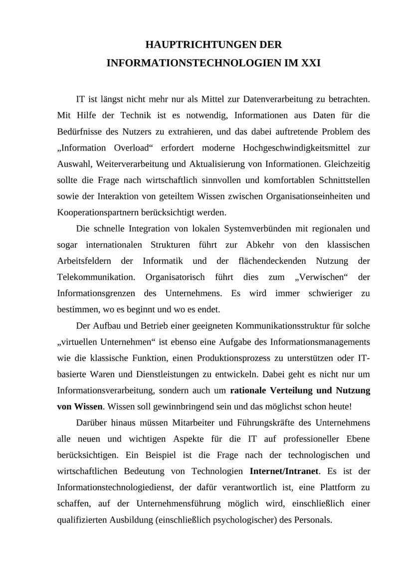 HAUPTRICHTUNGEN DER INFORMATIONSTECHNOLOGIEN IM XXI