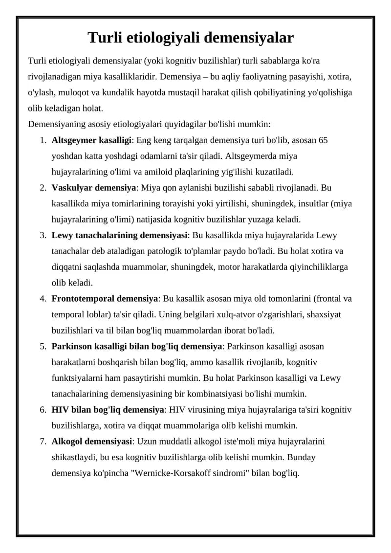 Turli etiologiyali demensiyalar