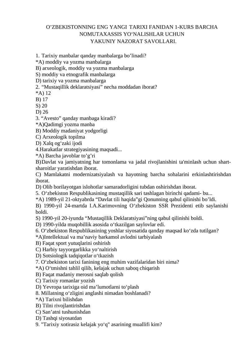 O’ZBEKISTONNING ENG YANGI TARIXI FANIDAN TEST