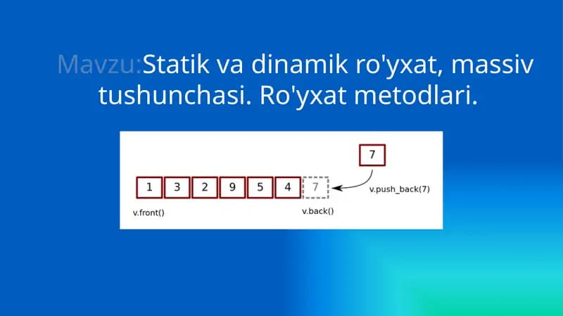 Statik va dinamik ro'yxat, massiv tushunchasi. Ro'yxat metodlari.