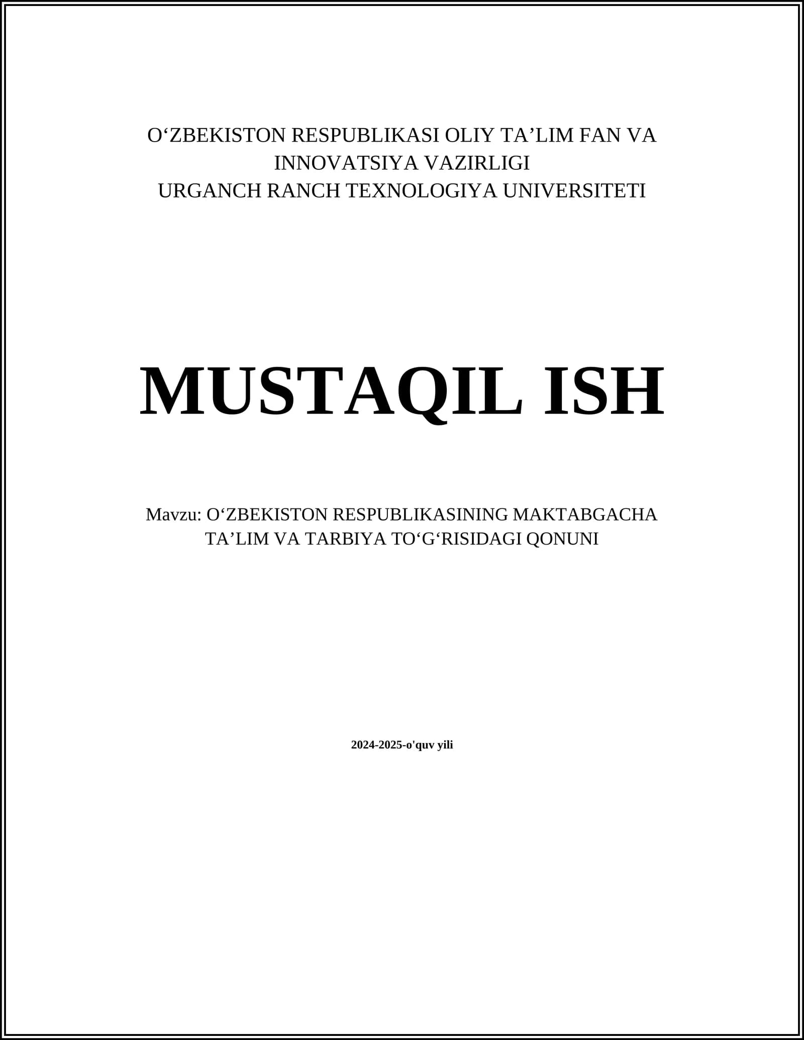 OʻZBEKISTON RESPUBLIKASINING MAKTABGACHA TAʼLIM VA TARBIYA TOʻGʻRISIDAGI QONUNI