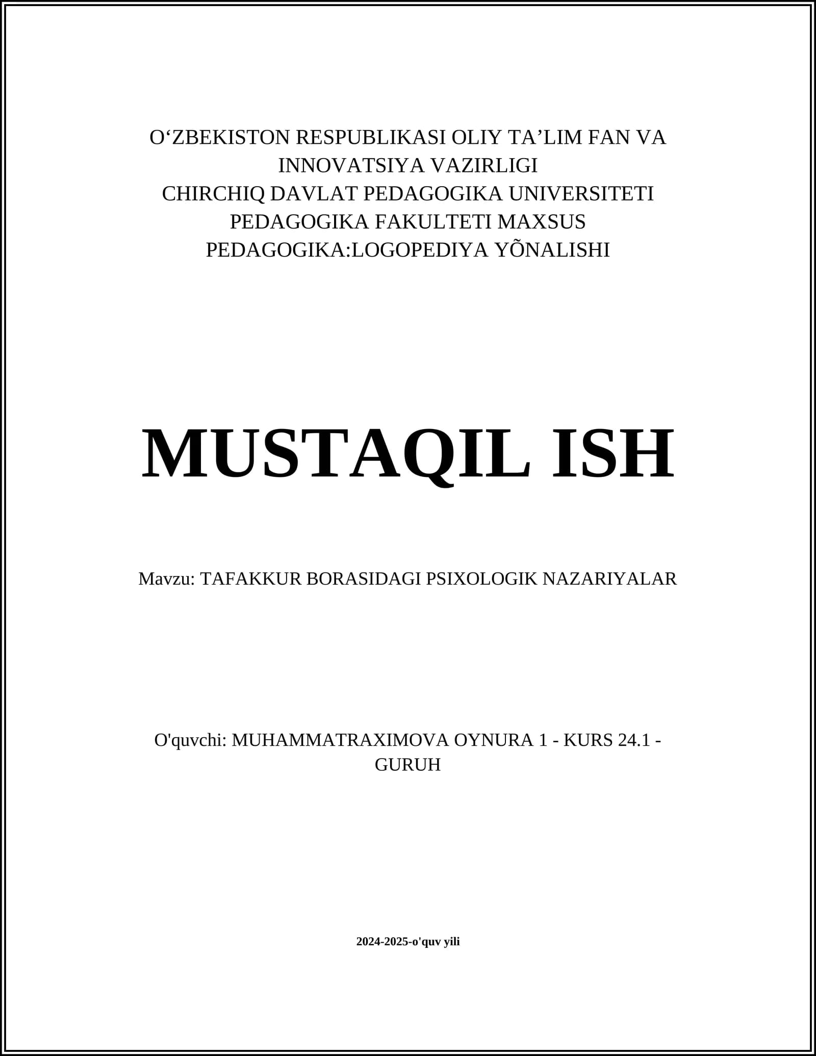 TAFAKKUR BORASIDAGI PSIXOLOGIK NAZARIYALAR