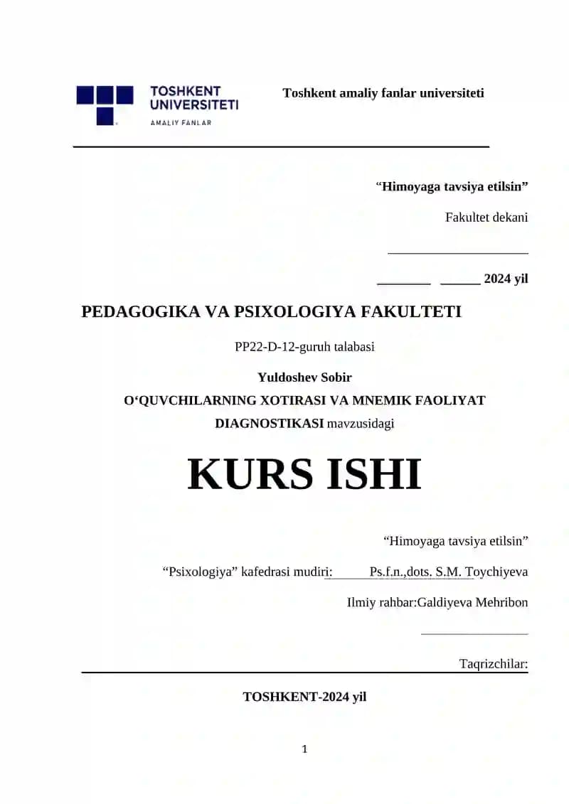 O‘QUVCHILARNING XOTIRASI VA MNEMIK FAOLIYAT DIAGNOSTIKASI