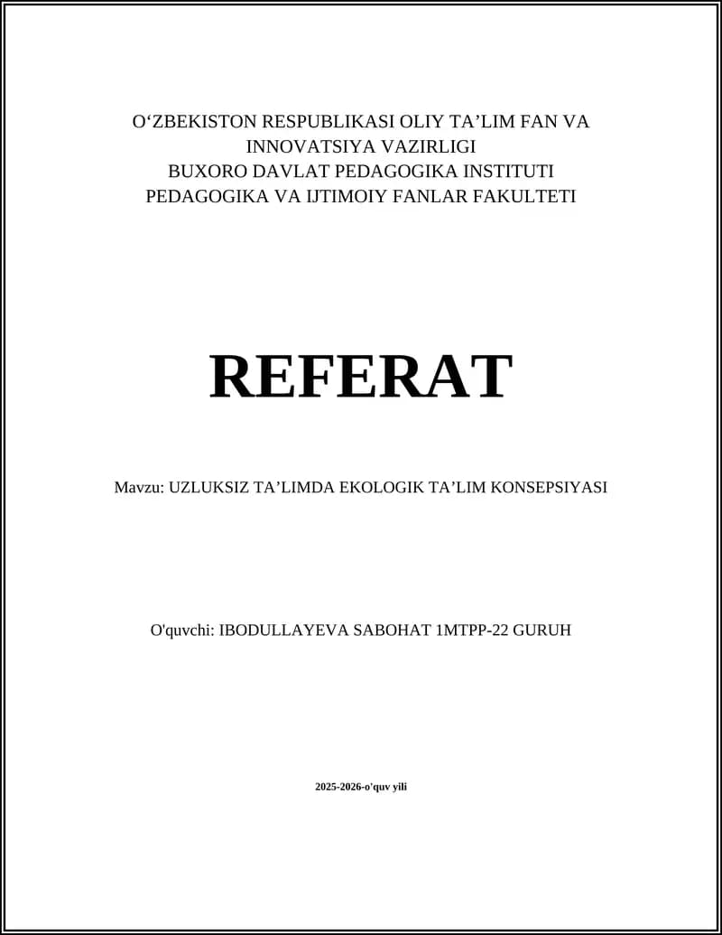 UZLUKSIZ TAʼLIMDA EKOLOGIK TAʼLIM KONSEPSIYASI
