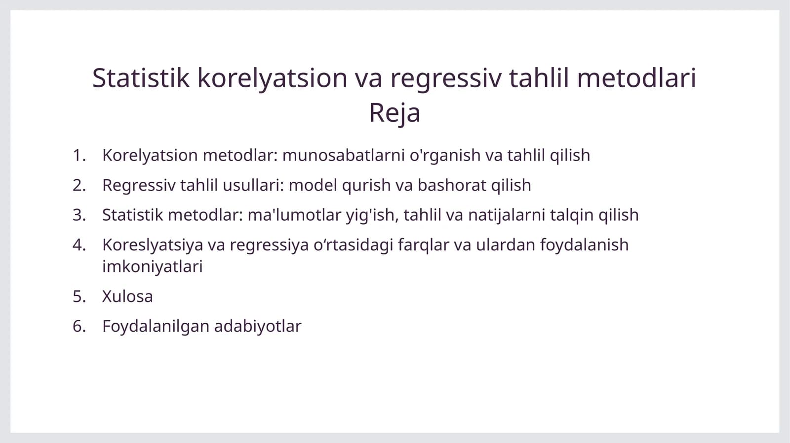 Statistik korelyatsion va regressiv tahlil metodlari