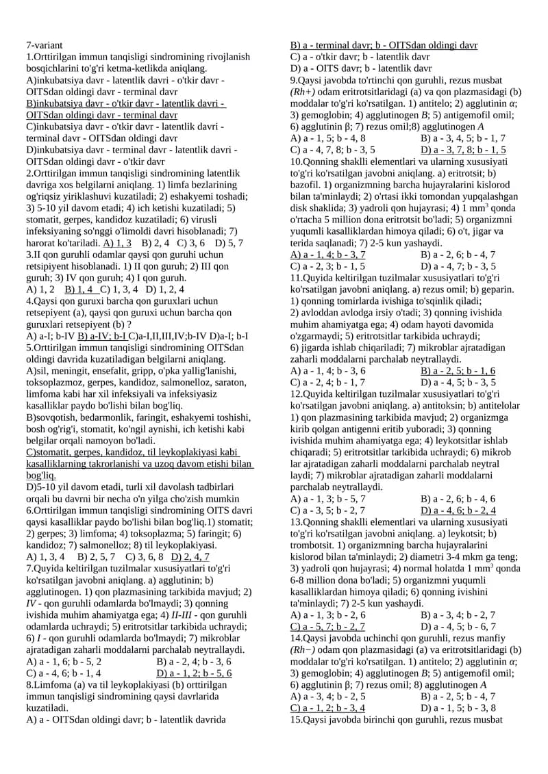 biologiya darsligidan qon mavzusida test javobli