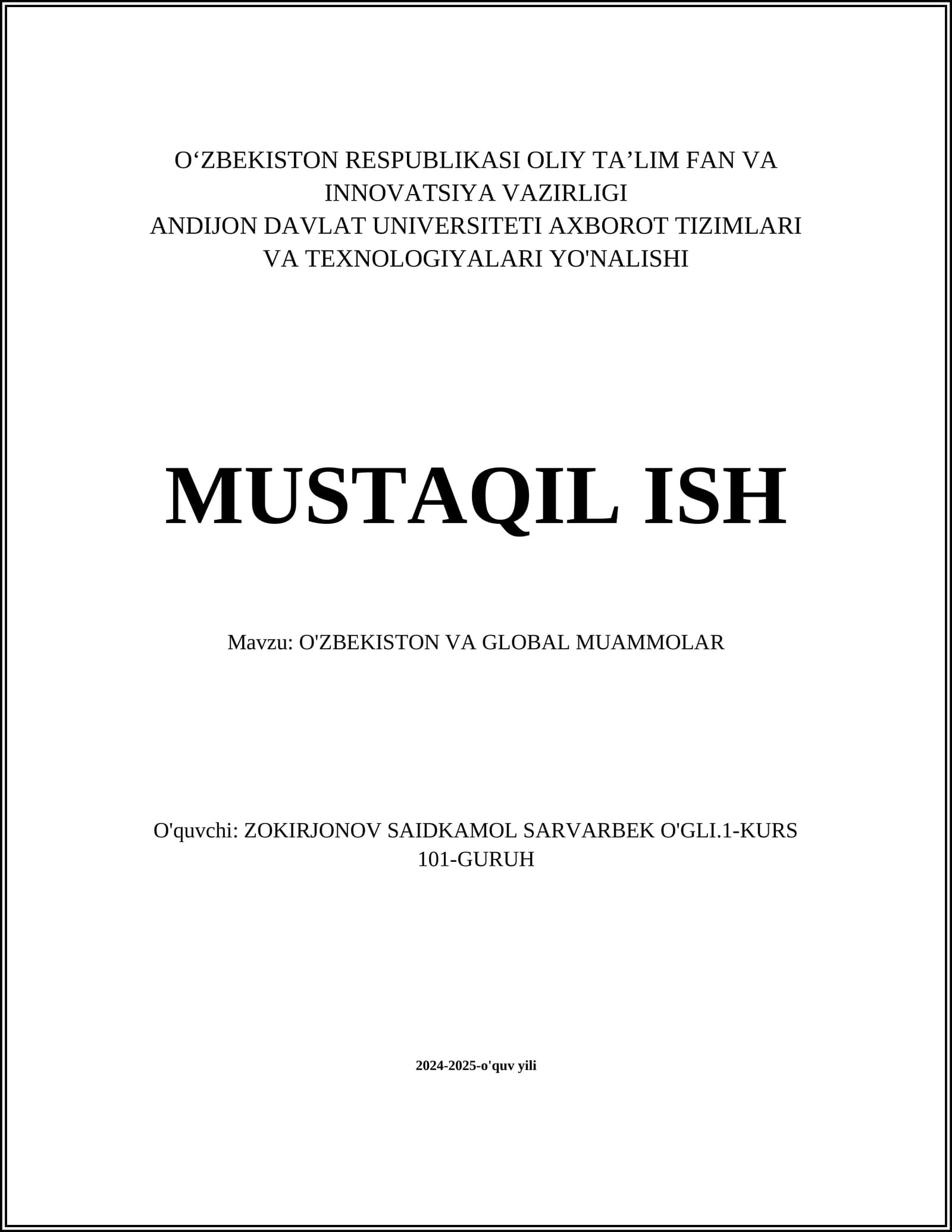 O'ZBEKISTON VA GLOBAL MUAMMOLAR