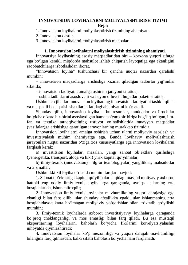 INNOVATSION LOYIHALARNI MOLIYALASHTIRISH TIZIMI