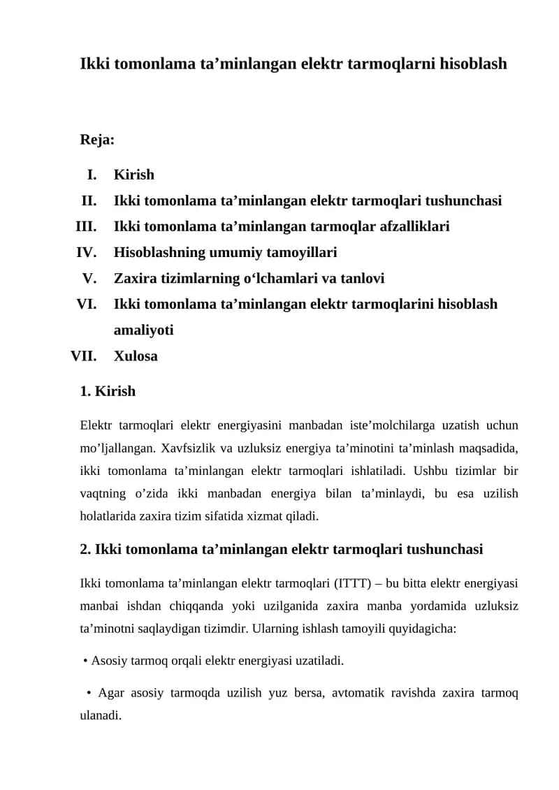 Ikki tomonlama ta’minlangan elektr tarmoqlarni hisoblash