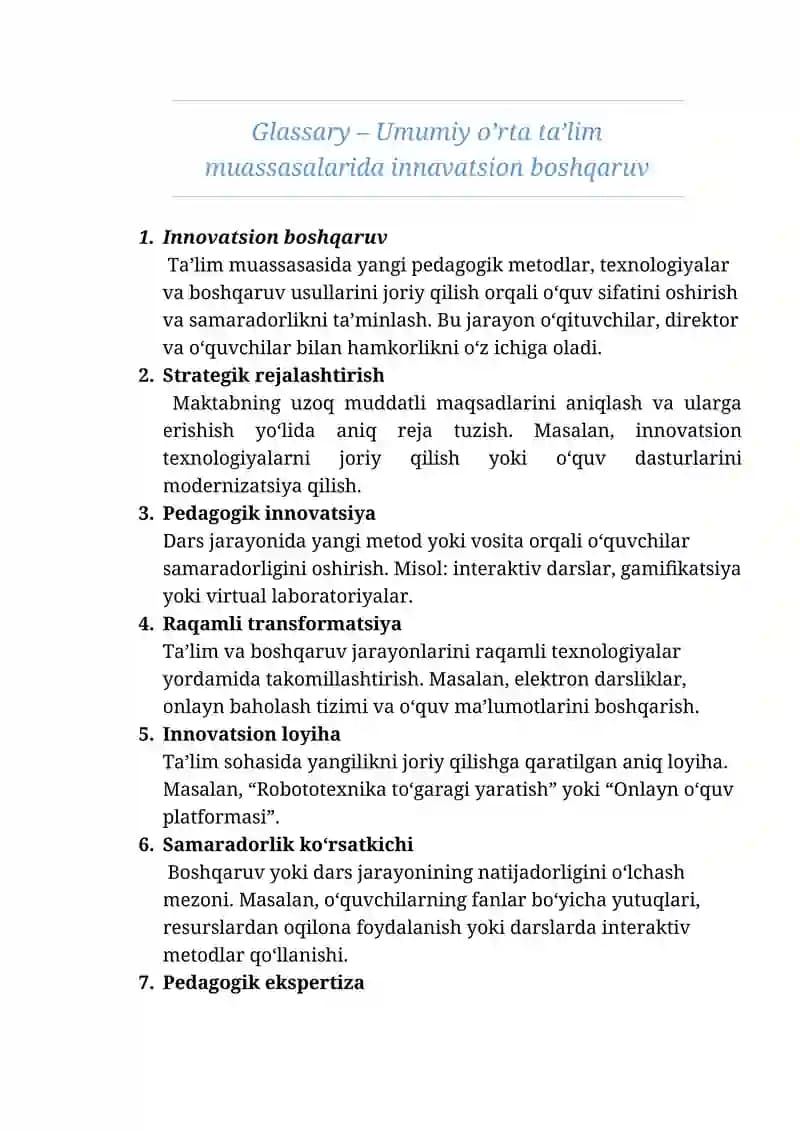 Glassary – Umumiy o’rta ta’lim muassasalarida innavatsion boshqaruv