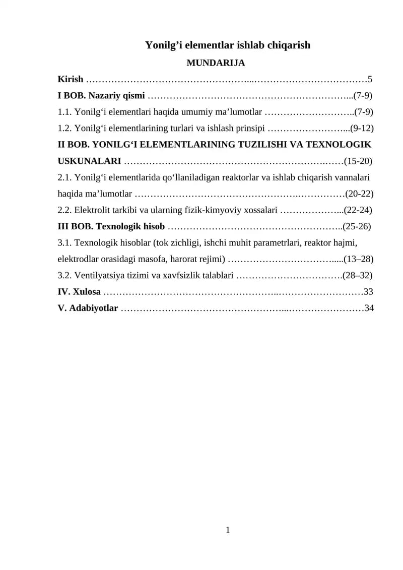 Yonilg’i elementlar ishlab chiqarish