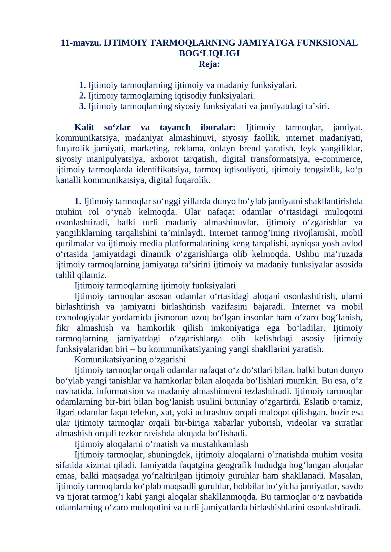 IJTIMOIY TARMOQLARNING JAMIYATGA FUNKSIONAL BOG‘LIQLIGI