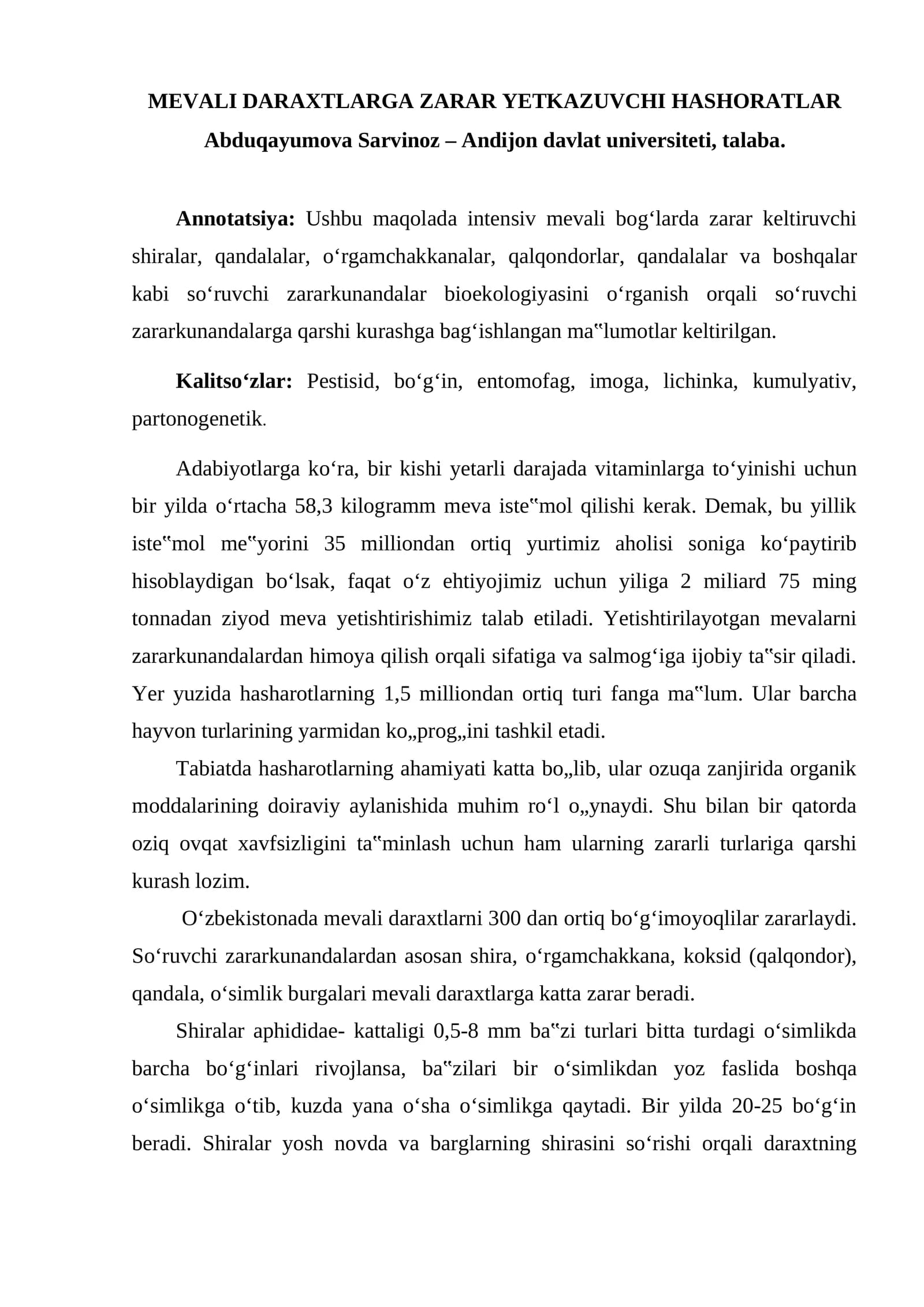 MEVALI DARAXTLARGA ZARAR YETKAZUVCHI HASHORATLAR