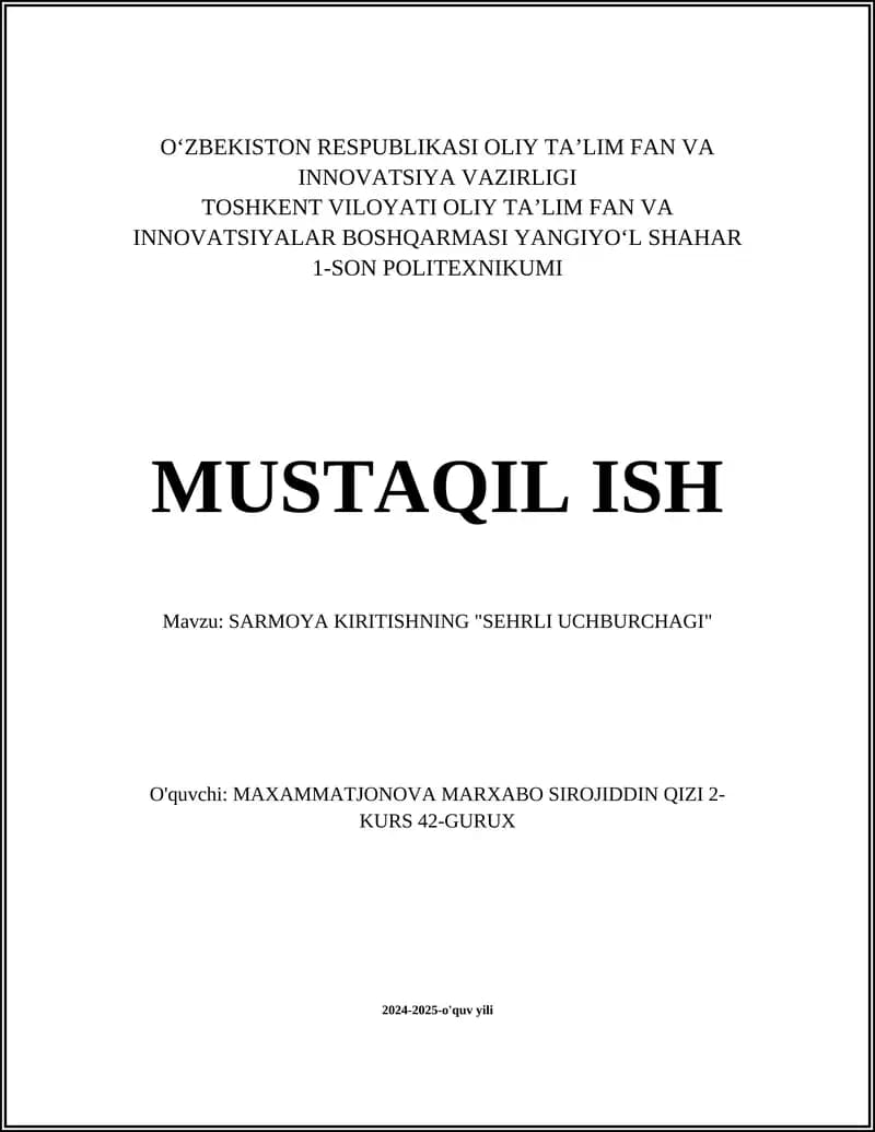 SARMOYA KIRITISHNING "SEHRLI UCHBURCHAGI"