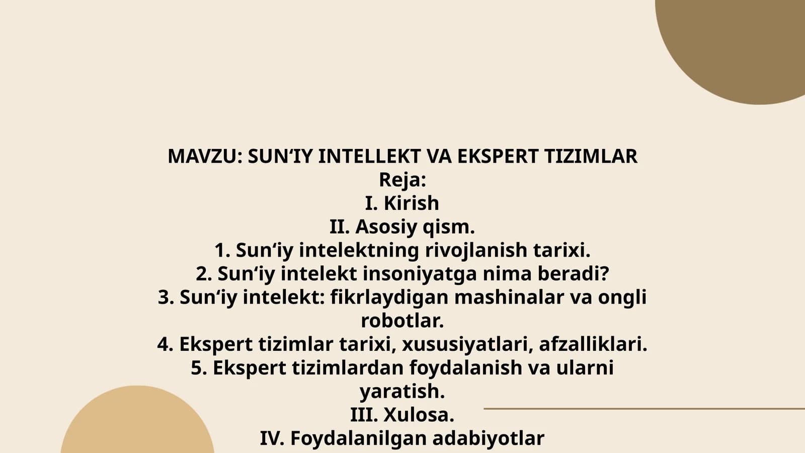SUN‘IY INTELLEKT VA EKSPERT TIZIMLAR