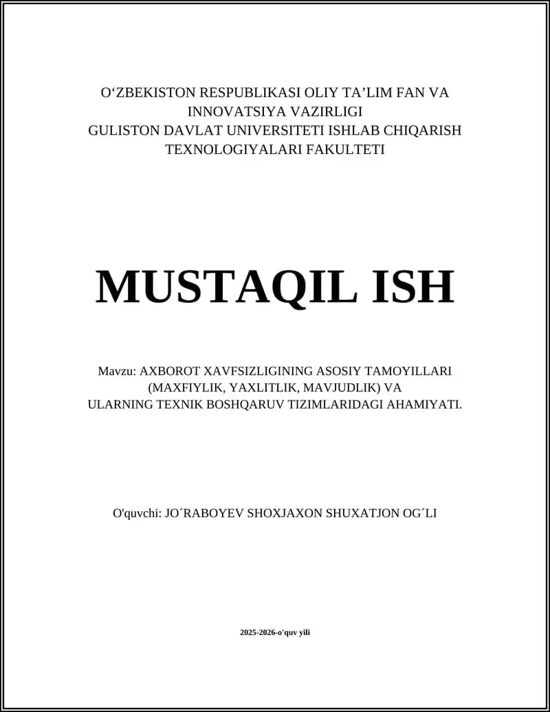 AXBOROT XAVFSIZLIGINING ASOSIY TAMOYILLARI