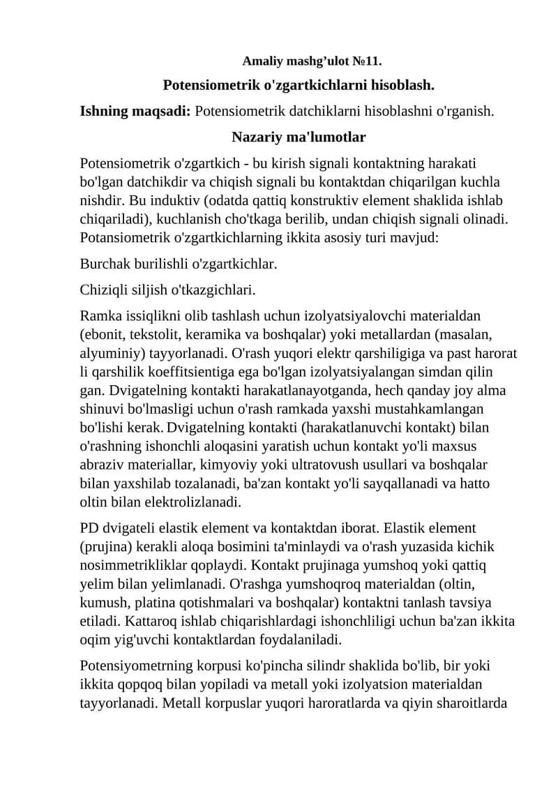 Potensiometrik o'zgartkichlar