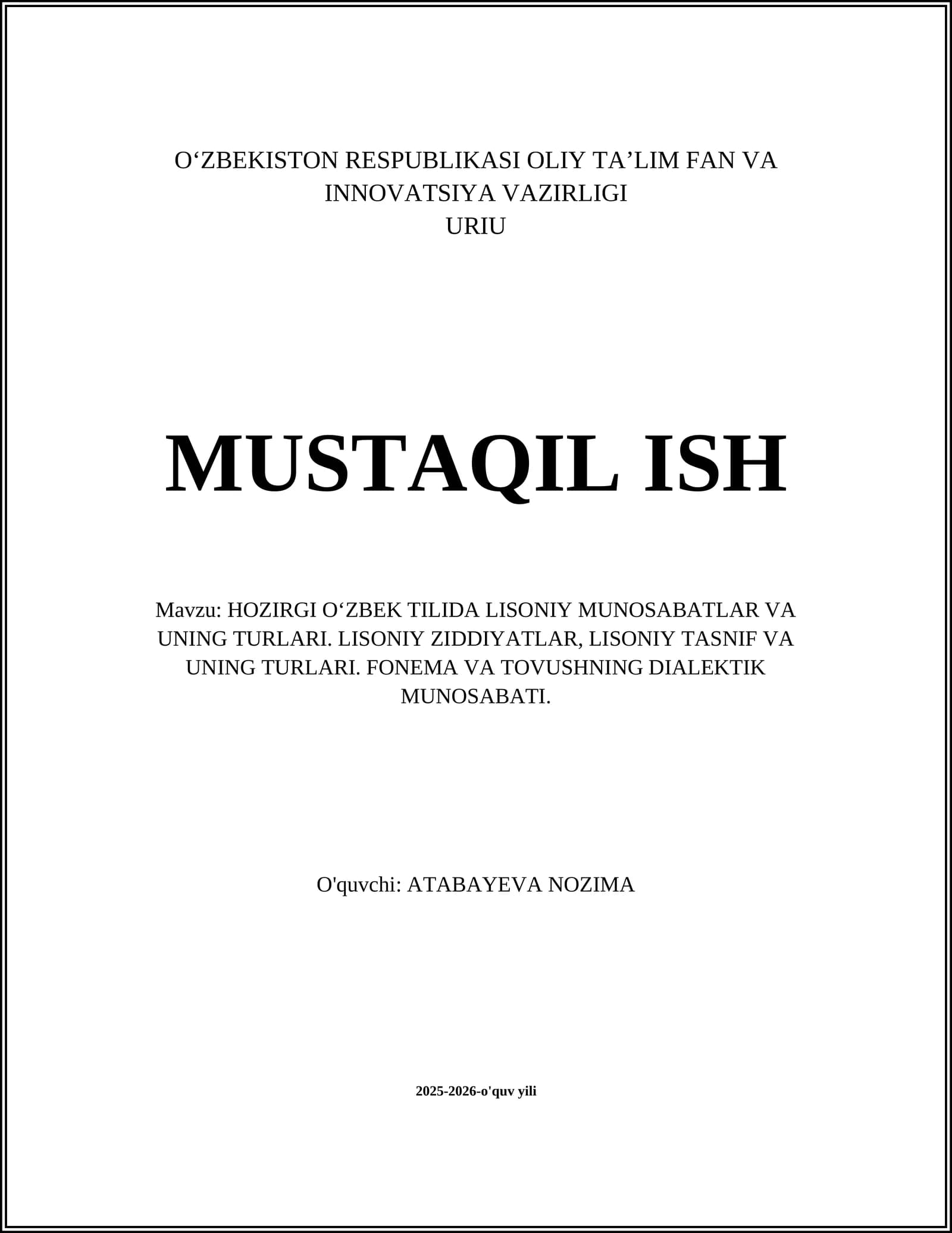 HOZIRGI O‘ZBEK TILIDA LISONIY MUNOSABATLAR VA UNING TURLARI