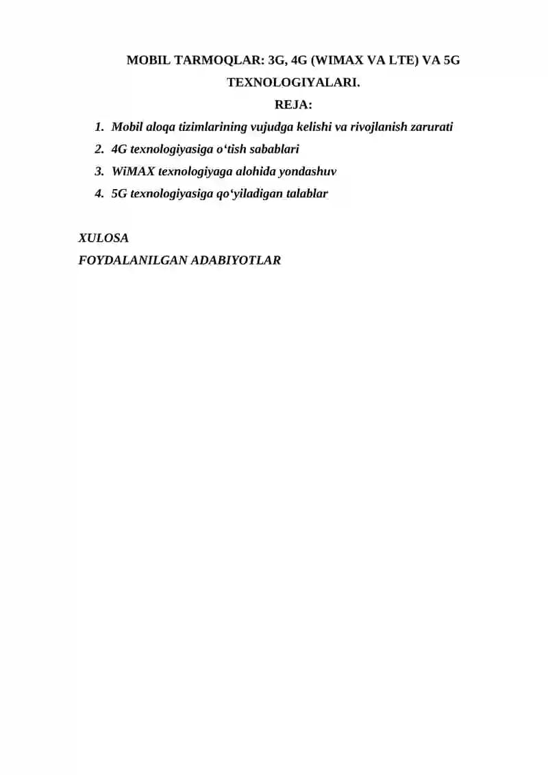 MOBIL TARMOQLAR: 3G, 4G (WIMAX VA LTE) VA 5G TEXNOLOGIYALARI.