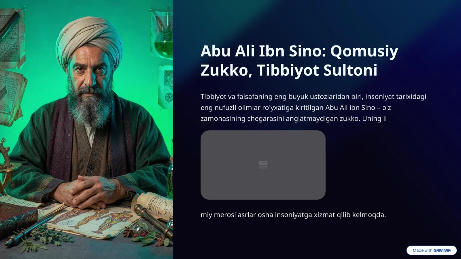 Abu Ali Ibn Sino: Qomusiy Zukko, Tibbiyot Sultoni