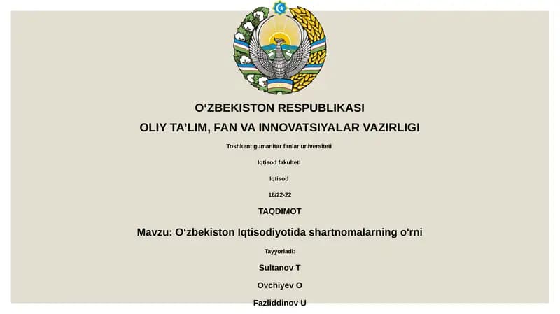 Oʻzbekiston Iqtisodiyotida shartnomalarning o'rni