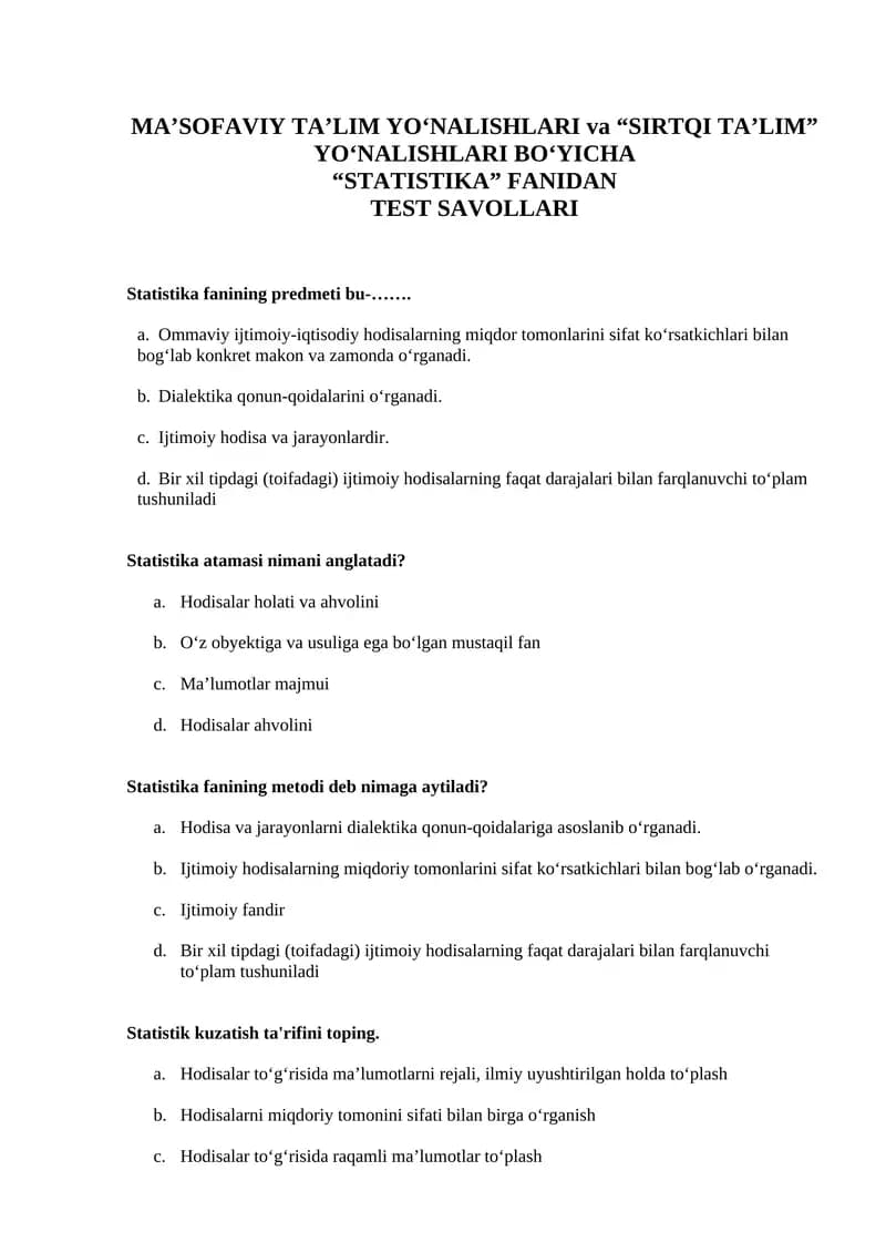 Statistika Test Savollari