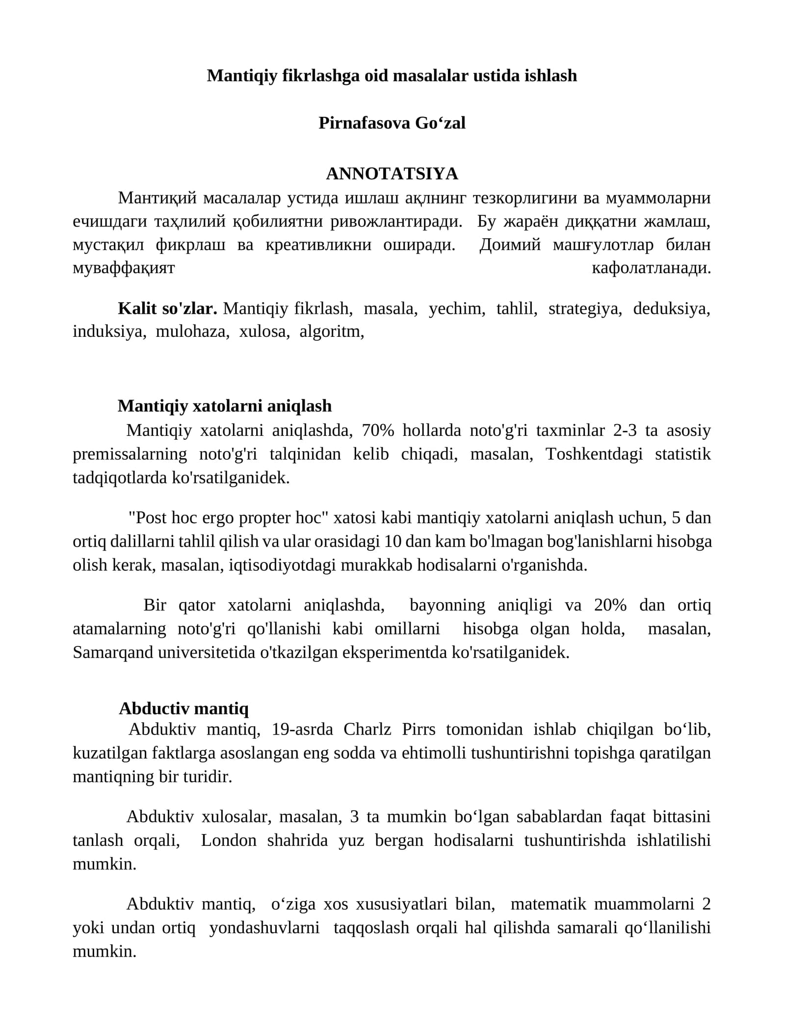 Mantiqiy fikrlashga oid masalalar ustida ishlash